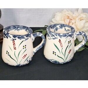 Hand-Painted Floral Ceramic Mugs Blue Rim Vintage Polish Pottery Style Set Of 2